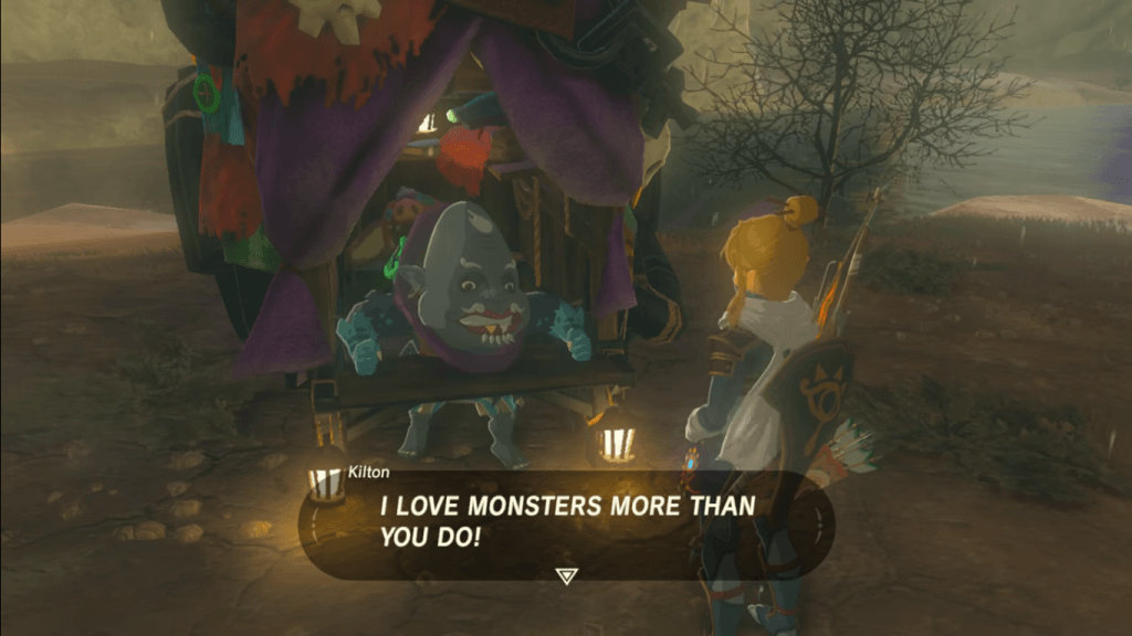 a strange man under an awning yelling "I love monsters more than you do!"